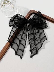 ROMWE Goth 1 件 Y2K 时尚复古休闲简约哥特风格万圣节系列黑色网状蜘蛛网蕾丝刺绣蝴蝶结 DIY 发夹爪夹马尾夹，适合女性，日常穿着，节日礼物 - 黑色 - 查看 4
