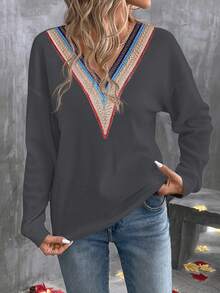 SHEIN LUNE Maglietta da donna a maniche corte, con scollo a V, in tessuto colorato e comodo, con inserti in pizzo, adatta per l'autunno - Grigio Scuro - Visualizzare 4