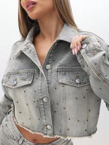 BABYPHAT Embellished Oversized Cropped Denim Jacket With Metal Studs And Raw Hem Detail For Women - Brown - View 3