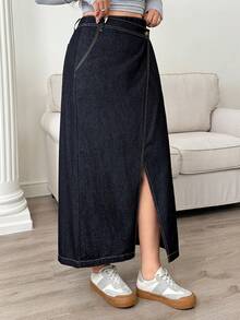 Dazy Plus 深色水洗牛仔前开衩长A字裙，秋季时尚单品 - 深色水洗藍 - 查看 7