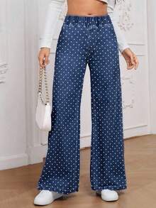 EMERY ROSE Women's Casual Polka Dot Print Wide Leg Jeans, Christmas - Blue - View 3