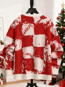 Manfinity Hypemode 男士圣诞家庭装红色格子圆领长袖毛衣，秋冬男士格子圆领宽松毛衣，秋冬男士圣诞毛衣，红色毛衣，格子毛衣，男士套头毛衣，男士针织圣诞家庭卡通图案男士毛衣 - 彩色 - 查看 2