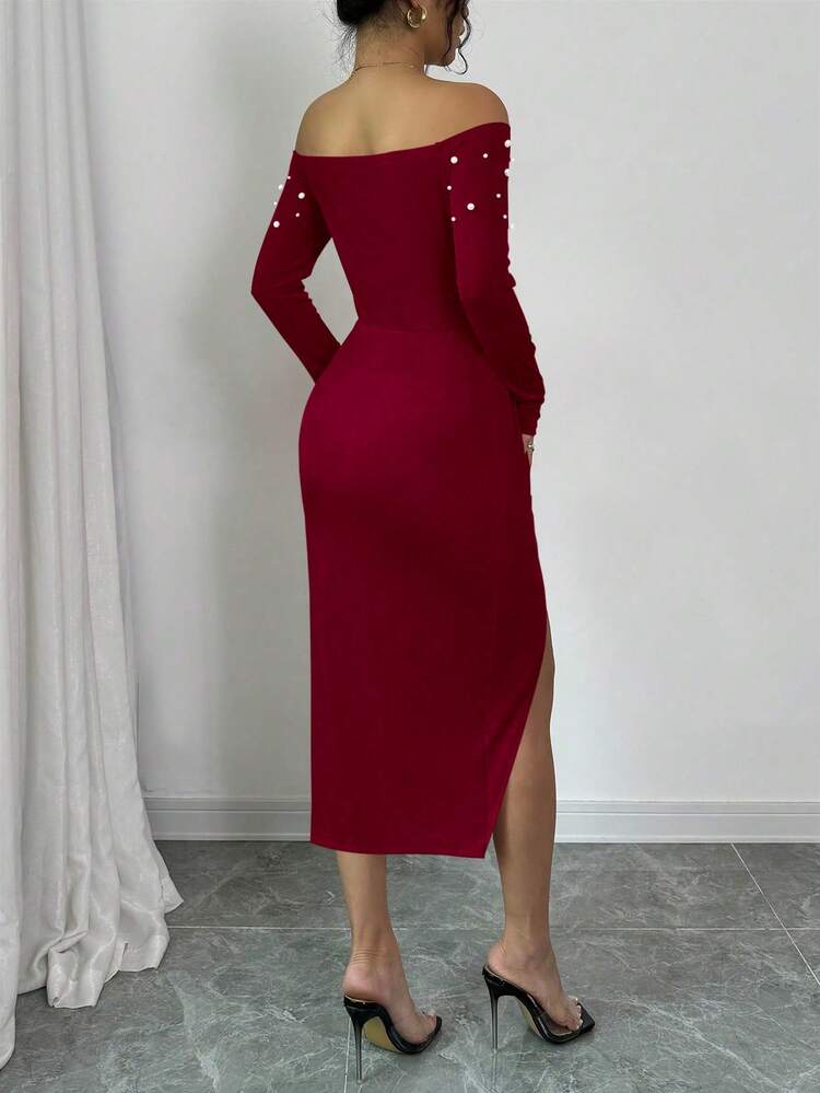 Elenzga Women's Open Shoulder Long Sleeve Ruched High Slit Pearl Design Bodycon Dress For New Year Clothes - Burgundy - View 2