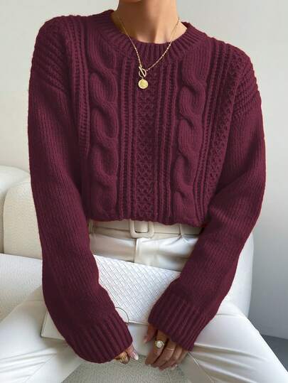 Chiquease Suéter de cuello redondo de manga larga y unicolor casual para mujer