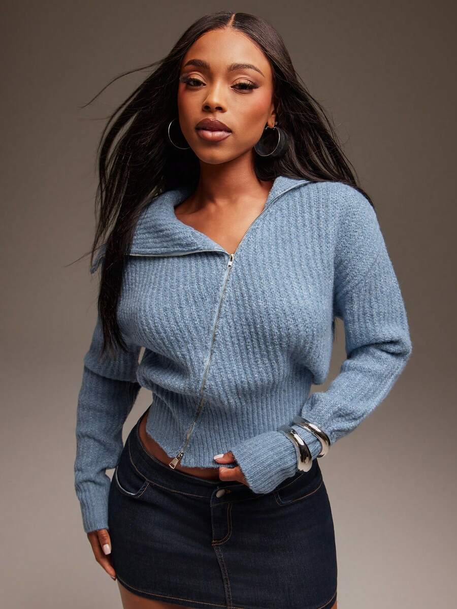 Denimoi 不对称拉链高领毛衣，适合秋冬时尚毛衣开衫 - 藍色 - 查看 1