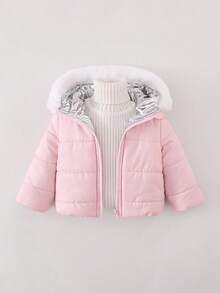SHEIN Playful Pals 1pc Baby Girls Comfortable Casual Zip-Up Furry Hooded Long Sleeve Padded Coat, Versatile For Autumn/Winter Daily Wear Baby Girl Jacket Winter