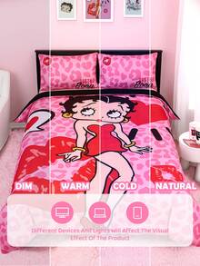 Betty Boop x SHEIN 三件套玫瑰红豹纹图案被套，抛光面料，柔软保暖，多种尺寸可选，适用于单人床/双人床/大号床/特大号床，送礼佳品，适合派对、节日、情人节等场合。 - 玫紅色 - 查看 10