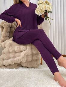 SHEIN Solid Color Textured Half-Zip Top & Pants Women Loungewear Set Fall Winter Clothes - Purple - View 6