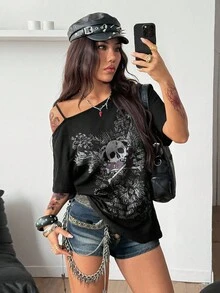 Coolane Women's Fall Streetwear Going Out Y2K Skeleton Graphics Halloween Outfits Halloween Outfits Loose Black T-Shirt - Black - View 5