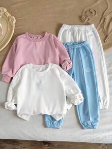 SHEIN 2pcs/Set Young Girl Fashion Minimalist Sweatshirt Set, Letter Embroidered Crew Neck Long Sleeve Sweatshirt And Sweatpants Set - Multicolor - View 5