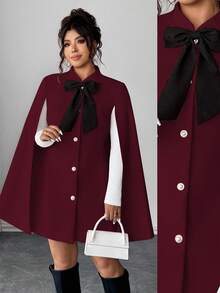 Elenzga 时尚休闲法式复古优雅珍珠纽扣蝴蝶结斗篷毛呢大衣 - 紅色 - 查看 1