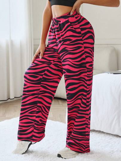 SHEIN Sports Women's Casual Leopard Print Loose Straight Leg Pants With Pockets, Versatile For Sports, Daily Wear, Sexy Zebra Workout Pants