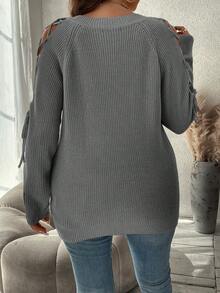 SHEIN Clasi Suéter de manga raglán con cordón para mujer de talla grande para otoño/invierno - Gris - Ver 2