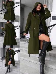 Easura Áo khoác trùm đầu tay dài hai hàng khuy trơn màu cỡ lớn dành cho nữ, mùa thu/đông - xanh quân đội - Xem 1