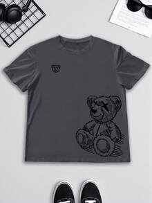 Manfinity Homme Plus Size Men's Loose Fit Dark Gray T-Shirt, Minimalist Design. Young Men's Street Style Clothing. Bear Print, Teddy Bear Graphic, Comfortable, Modern, Casual, Daily Style, Perfect Street Fashion Item, Also An Excellent Gift For Boyfriend Or Husband. Versatile, Travel Style. - Dark Grey - View 2
