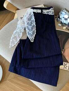 Resyla Pantalones anchos y sueltos con decoración de lazo para mujer - Azul Marino - Ver 4