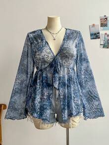 Soleia 大码女式复古绿色花卉印花针织网眼前开襟系腰喇叭袖衬衫 - 藍色 - 查看 7