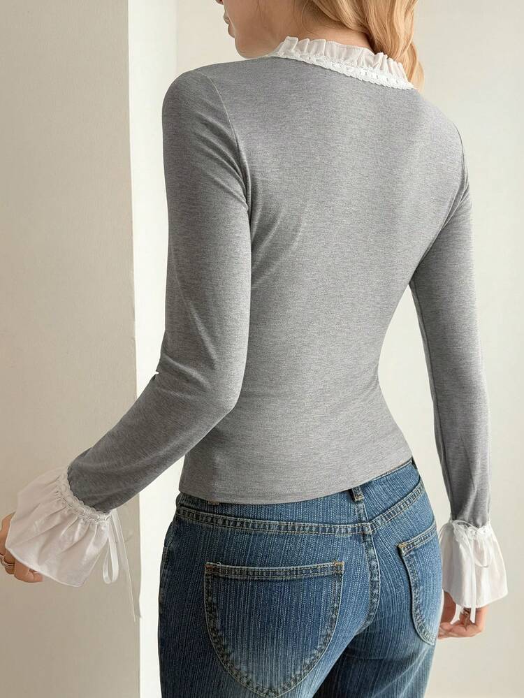 Women's Autumn Patchwork Fitted Ruffle Tie Front Blouse Long Sleeve Women
