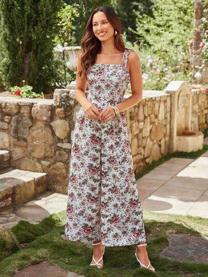 KARISMINA Floral Print Ruffle Trim Wide Leg Cami Jumpsuit,Vacation Outfits For Women,,Vacation Outfits Woman,Summer Outfits For Women,