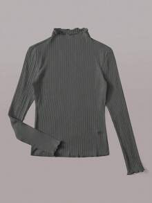 SHEIN EZwear Plus Size Women's Dark Grey Ribbed Knit T-Shirt Ribbed Mock Neck Top Solid Color Tops Fall - Dark Grey - View 3