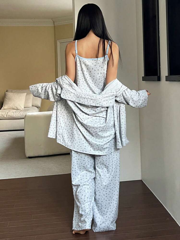 Women's Ditsy Floral Contrast Trim Camisole And Pants Pajama Set, Autumn/Winter