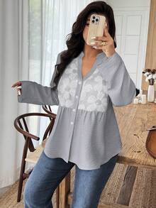SHEIN LUNE Plus Size Floral Pattern Notched Neck Long Sleeve Shirt, Casual Autumn - Grey - View 4