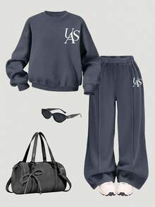 SHEIN 2pcs Young Girl Solid Color Knit Casual Sweatshirt And Leggings Set,Young Girl  Knitted Solid Loose Butterfly Sleeve Sweatshirt & Wide Leg Sweats 2-Piece Set Girls Sweatsuit Set Two Piece Pants Set Kids Flare Pants Set Kids Kids Sweatsuit Toddler Sweatsuit Fall Winter