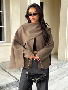 SHEIN PETITE Women's Solid Color Scarf Design Loose Casual Wool Blend Jacket Brown Jacket In Fall/Winter - Khaki - View 11