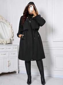 SHEIN Clasi Áo khoác gió giữ nhiệt có mũ trùm đầu, thắt lưng rút dây cỡ lớn, mùa thu/đông - màu đen - Xem 6