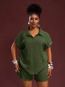 Veslaya 秋冬新品，女士秋冬/万圣节/冬季服装，大码，音乐节/万圣节服装，复活节，西部风，游牧风，生日派对，毕业典礼，学生装，日常穿着，百搭基础款，休闲，度假，邮轮旅行，海滩，日光浴，时尚，女士黄色罗纹Polo领宽松短袖短裤套装配腰带，大码家居服套装绿色衬衫女士大码工作服套装绿色衬衫两件套亚麻套装女士大码亚麻套装 - 軍綠色 - 查看 7