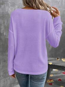 Camiseta de manga larga de unicolor con cuello en V, casual y versátil para mujeres - Morado - Ver 4