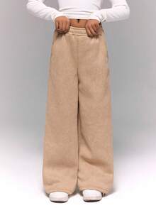 SHEIN Sparklyn Tween 女童休闲百搭街头口袋宽松阔腿松紧腰洗水雪地羊毛运动裤