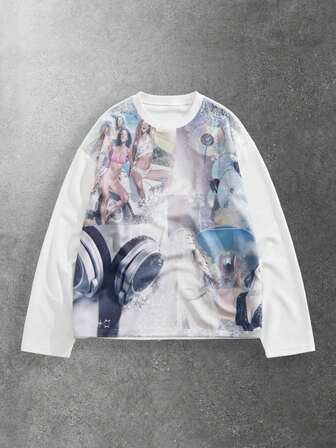 Grunge Punk Camiseta de manga larga con estampado de figura de ajuste holgado, estilo casual y de calle, patchwork, para primavera/otoño