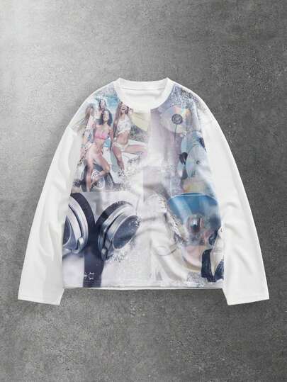 Grunge Punk قميص تي شيرت كاجوال رجالي بتصميم بتشوركات وطباعة أشكال فضفاض بأكمام طويلة، مناسب للربيع والخريف