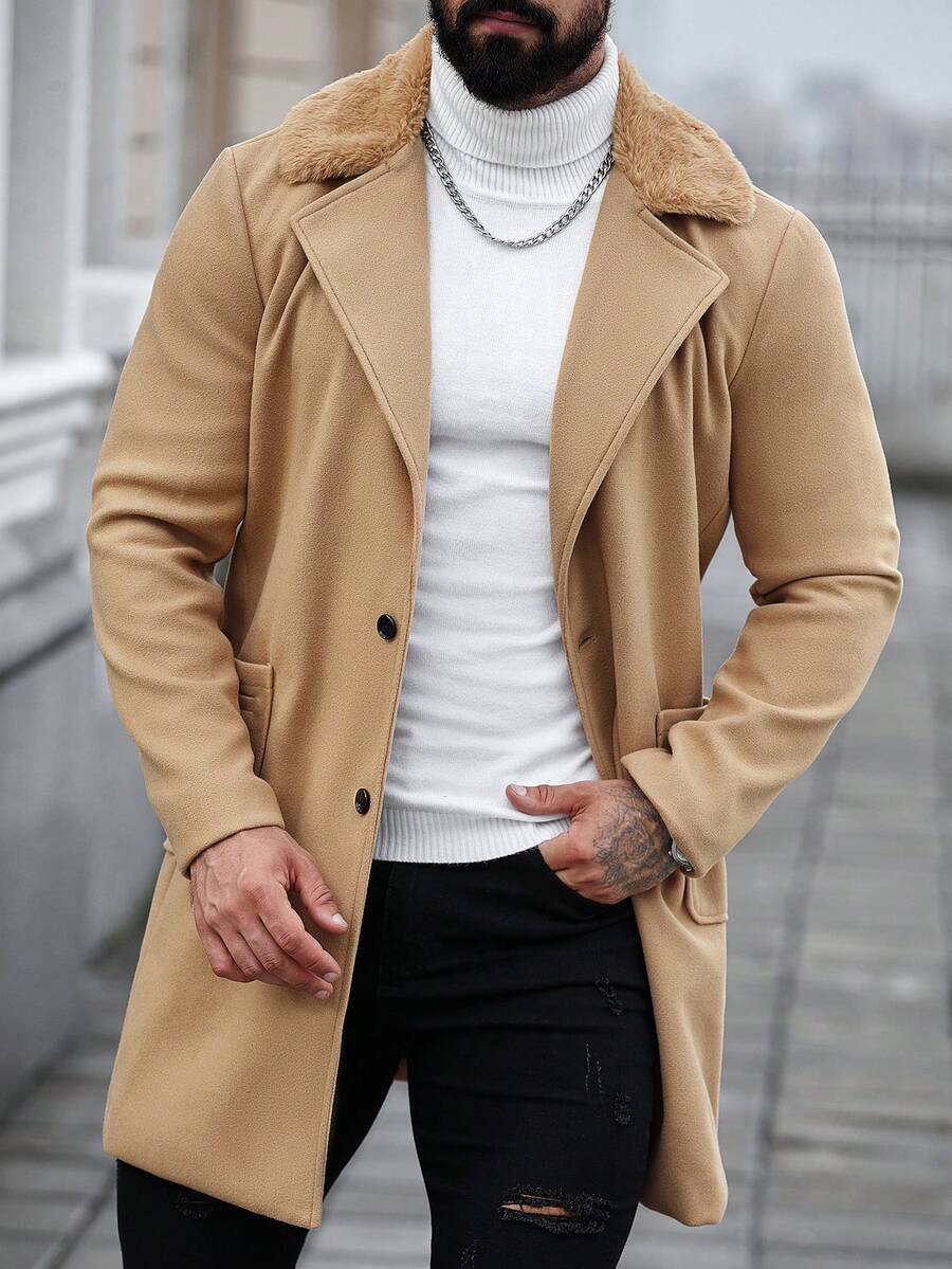 Manfinity CasualCool Men's Solid Color Single Breasted Casual Long Sleeve Overcoat, Fall/Winter, Fall, Winter Fleece Warm Thermal Lined Overcoat - Khaki - View 1