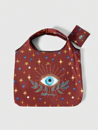 Fairycore 1pc Fashionable Eye-Shaped Celestial Motif Storage Pouch, Large Capacity Foldable Tote Bag With Coin Purse