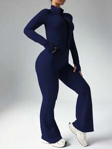 Slayform Conjunto de 2 piezas de chaqueta casual con cremallera y agujero para el pulgar, y pantalones acampanados de cintura alta para mujer talla grande - Azul Marino - Ver 7