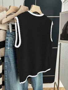 Franclia 女士休闲宽松圆领无袖撞色饰边针织上衣，春秋季 - 黑與白 - 查看 2