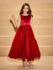 Váy Maxi Sequin Burgundy Cho Bé Gái, Váy Công Chúa Cho Tiệc, Đám Cưới, Biểu Diễn, Cuộc Thi Hoa Hậu, Dịp Trang Trọng - Đỏ - Xem 3