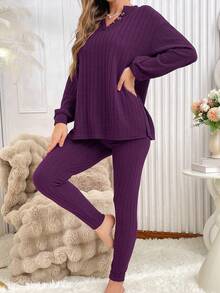 SHEIN Solid Color Textured Half-Zip Top & Pants Women Loungewear Set Fall Winter Clothes - Purple - View 3