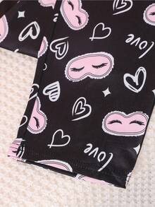 Girls Minimalist Fuchsia Eyelash Print Long Sleeve Top And Pants Comfortable 2 Pieces Pajama Set - Black - View 7