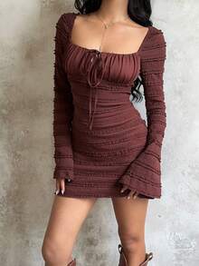 SHEIN Unity Women's Brown Flare Sleeve Dress, Square Neck, Elegant, Versatile, Casual, Waist Cinched, Lace Fabric, Suitable For Autumn/Winter Daily Wear