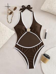 Swim SXY Damen Strand Musik Festival Frühling/Sommer Metallschmuck farbblockierter High-Cut Neckholder Badeanzug - Braun - Übersicht 3