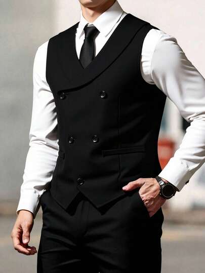 SHEIN 1pc Teen Boy Gentleman Asymmetrical Slim Fit Black Vest, Elegant, Casual Outdoor Personalized Suit Suitable For Birthday Party, Evening Party, Performance, Hosting, Wedding Season