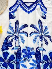 Soleia Women's Spaghetti Strap V-Neck Sleeveless Vintage Casual Dress - Blue and White - View 3