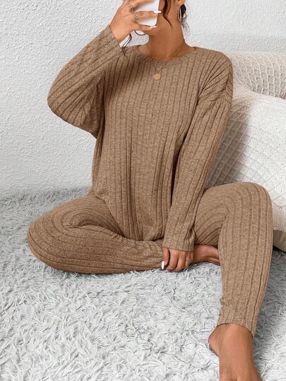 SHEIN Frenchy Plus Size Solid Color Crew Neck Ribbed Long Sleeve Top And Pants Casual 2-Piece Set/Winter