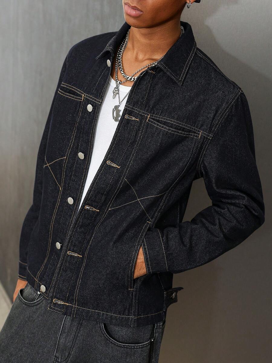 Manfinity EMRG 男士深蓝色牛仔夹克，休闲修身款 - 深色水洗藍 - 查看 1