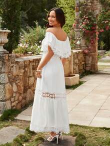 KARISMINA 海滩女士服装夏季度假露肩蕾丝拼布荷叶边收腰女士白色连衣裙