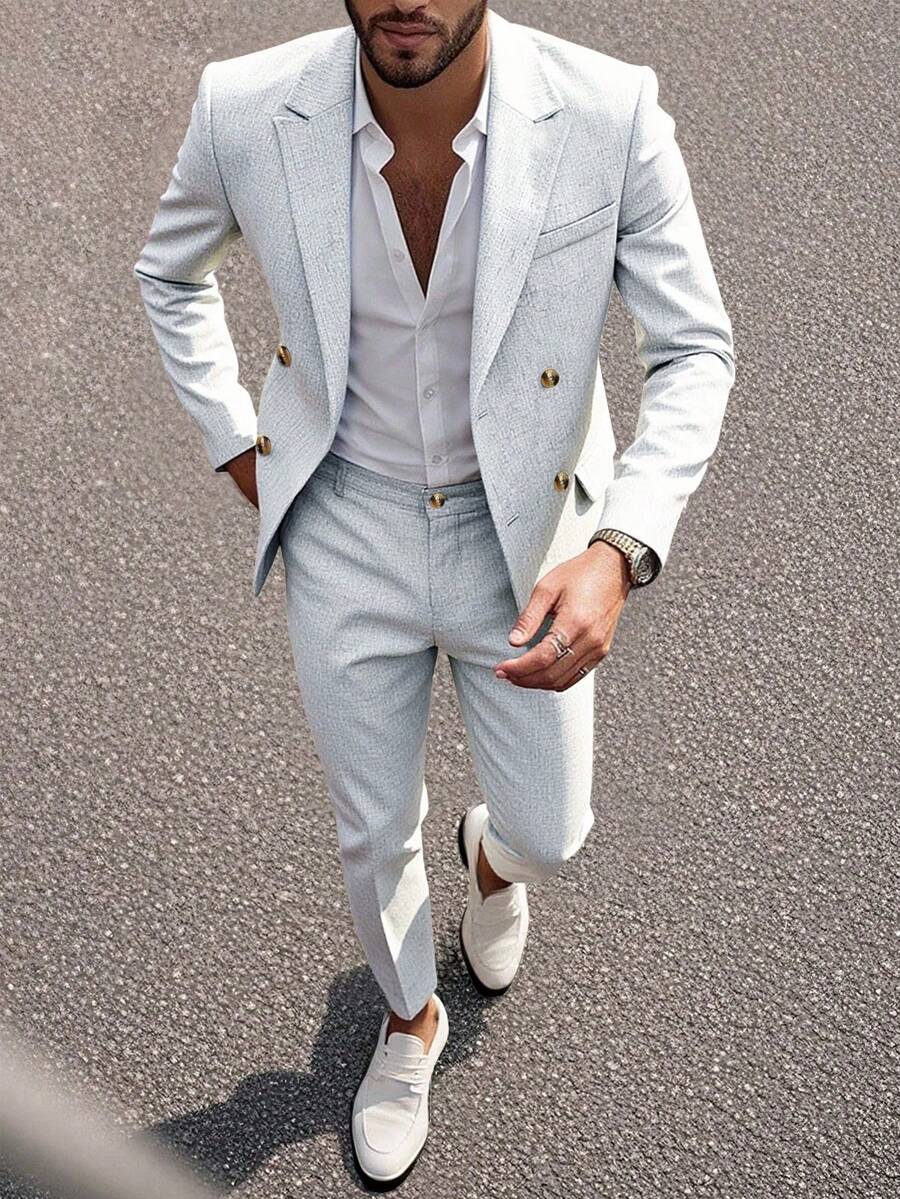Manfinity Mode Men's Solid Color Minimalist Casual Long Sleeve Jacket And Pants Suit - Baby Blue - View 1