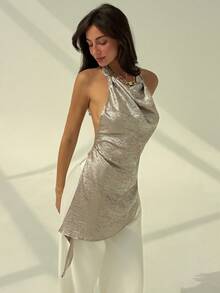 Aloruh Women's Solid Color Elegant Halter Backless Camisole - Brown - View 1